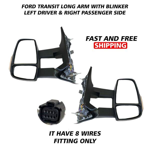 Picture of Ford Transit 250 350 Long Arm Mirror Electric Heated 8 Wires With Blinker Left Driver and Right Passenger Side 2014 To 2019