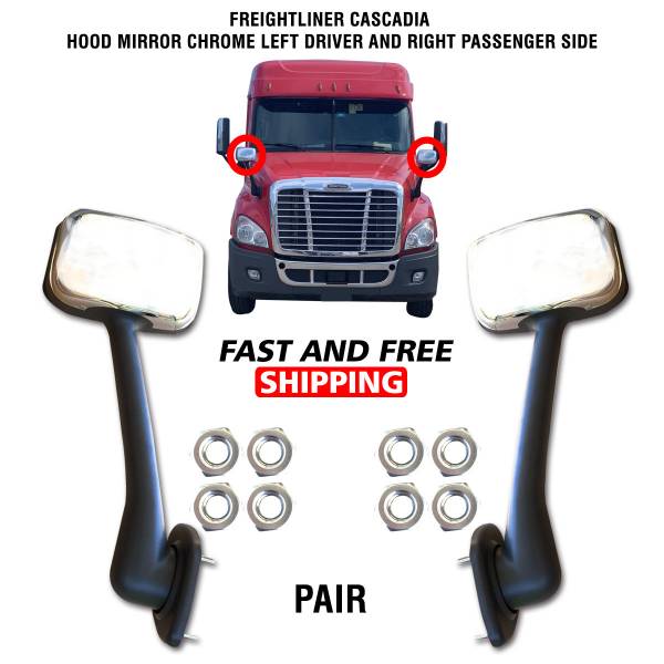Freightliner Cascadia Hood Chrome Mirror Manual Left Driver and Right Passenger Side Pair 2008 To 2014