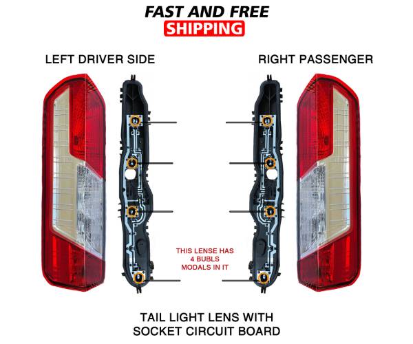 Ford Transit 150 250 350 Tail Light Lens With Socket Circuit Board Right Passenger and Left Driver Side Pair 2014 To 2015