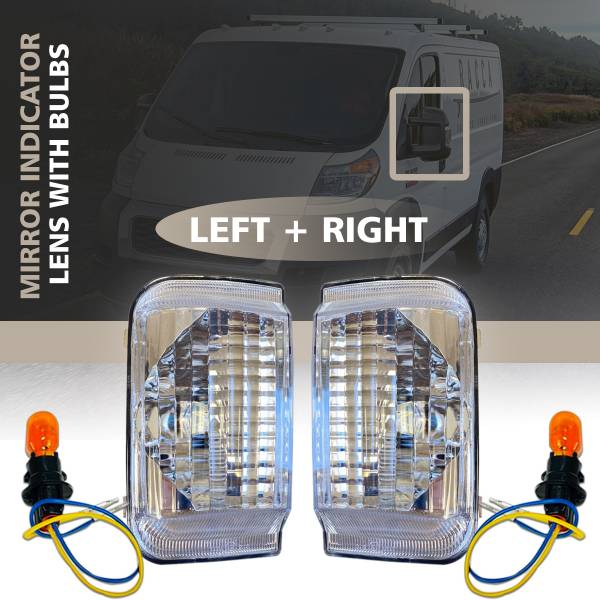 Ram Pro Master Mirror Clear White Indicator Lens Left Driver & Right Passenger Side Pair Plus Bulbs 2014 To 2015